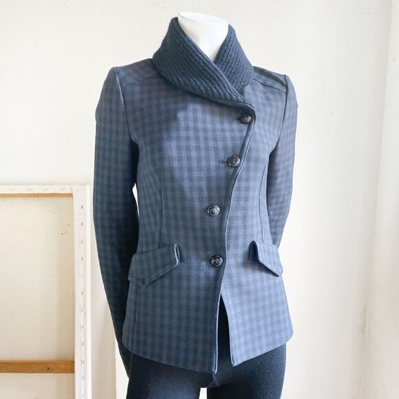 Drykorn Plaid Check Knit Collar Asymmetrical Closure Fitted Blazer XS - Picture 2 of 10